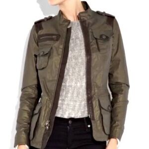 VINCE olive green Coated Genuine Leather Trim Military Style Jacket sz small
